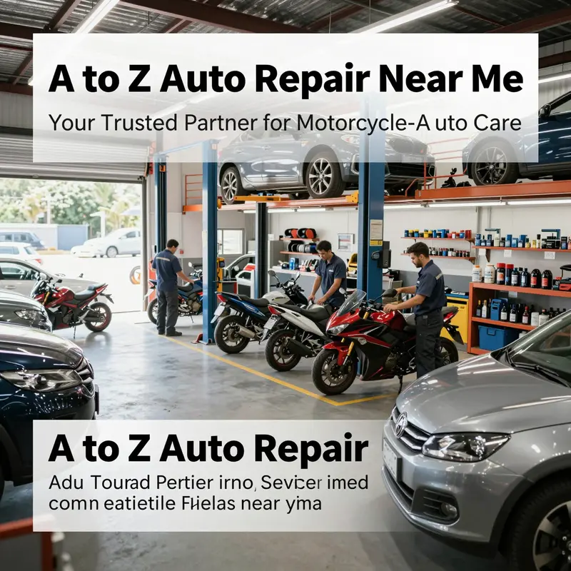 Photo-realistic image of a clean, well-lit auto repair shop with multiple vehicles and skilled technicians servicing motorcycles and cars.