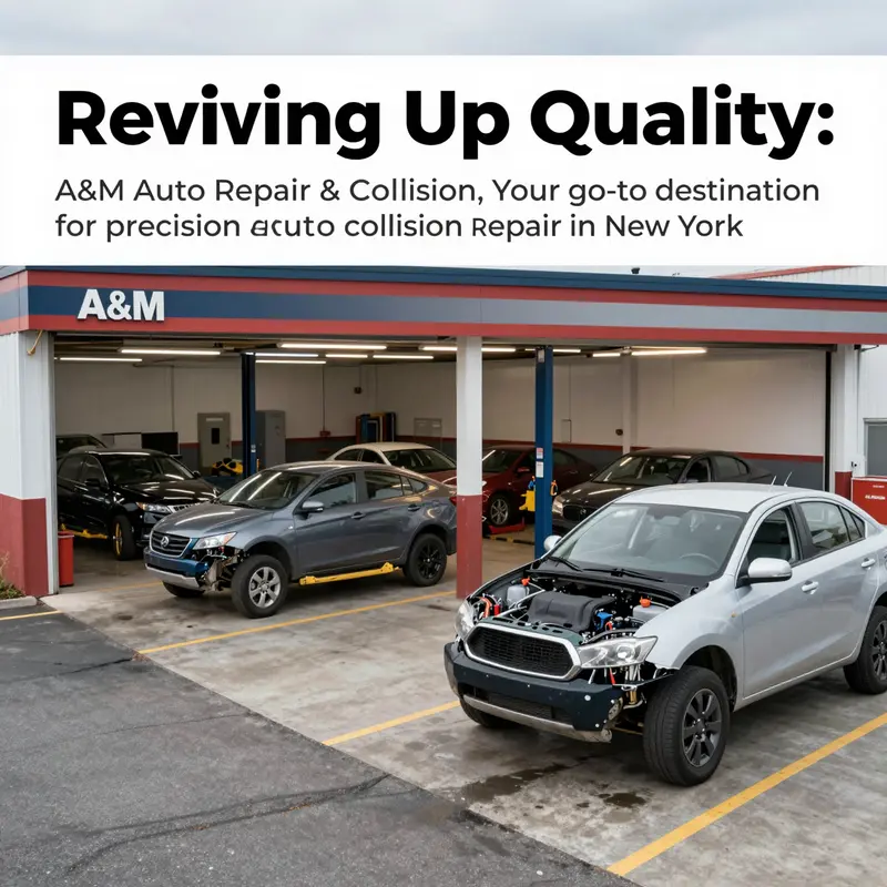 Wide shot of A&M Auto Repair & Collision showing various vehicles being serviced.