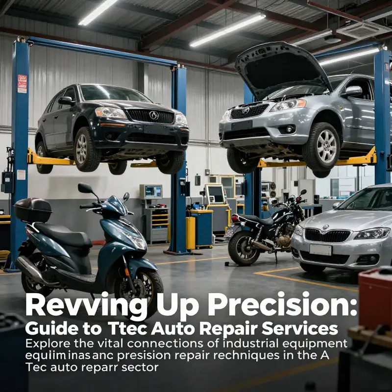 A high-tech auto repair workshop filled with motorcycles and cars, representing the comprehensive nature of A Tec auto repair services.