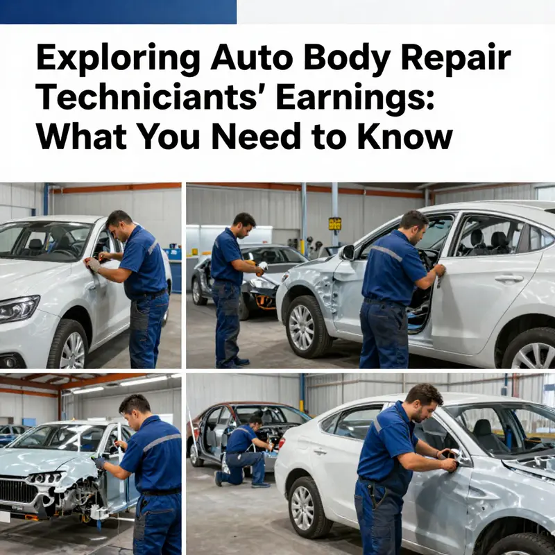 Montage of technicians performing auto body repairs on motorcycles and cars.
