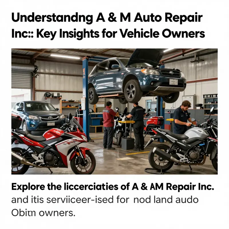 A cover image of an automotive repair shop in action, featuring mechanics servicing motorcycles and cars.