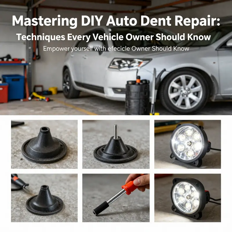 A collage showing different DIY methods for auto dent repair, including suction cups, plungers, and LED lamps.
