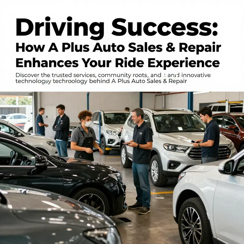 A scene of A Plus Auto Sales & Repair with vehicles being serviced and customers engaging with staff.
