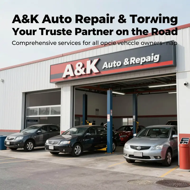 A photo of A&K Auto Repair & Towing's garage with various vehicles being serviced.