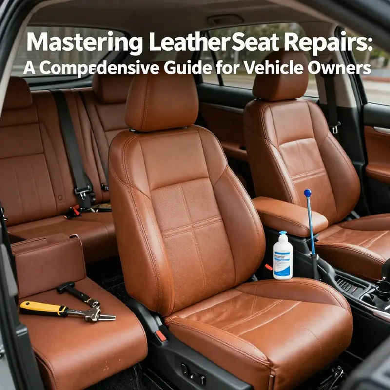 An assortment of leather auto seats in various conditions with repair tools, illustrating the topic of leather seat repairs.