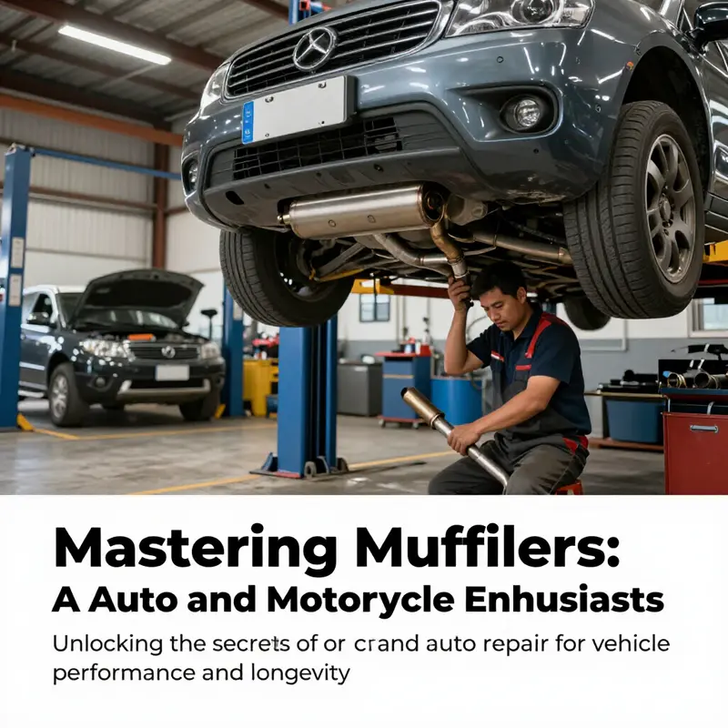 A busy auto repair shop scene featuring mechanics working on mufflers and various vehicles, illustrating the central theme of muffler services.