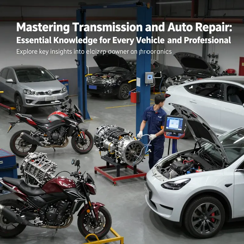 Auto repair shop with motorcycles, cars, mechanics using digital tools, and an electric vehicle being serviced.