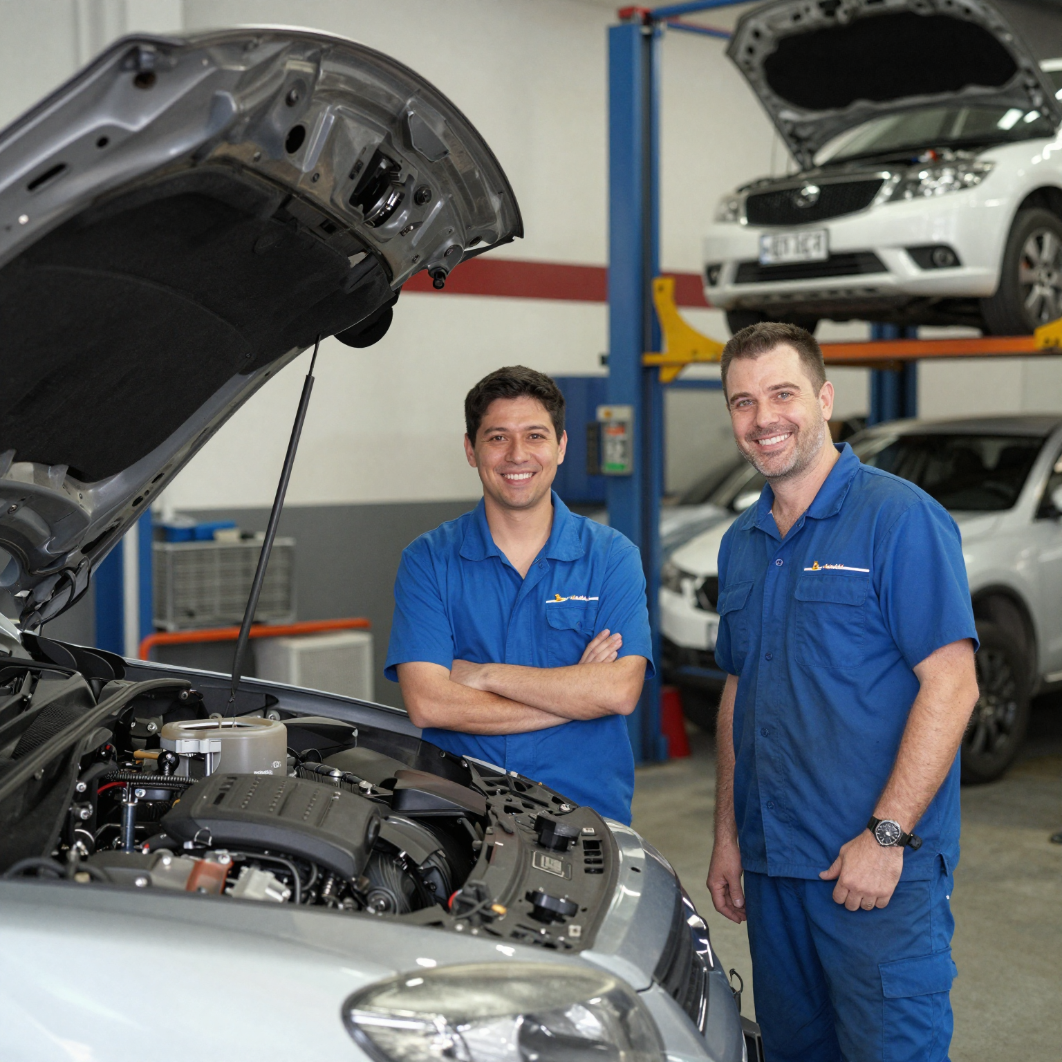A welcoming and professional auto repair shop interior showing smiling technicians working on vehicles