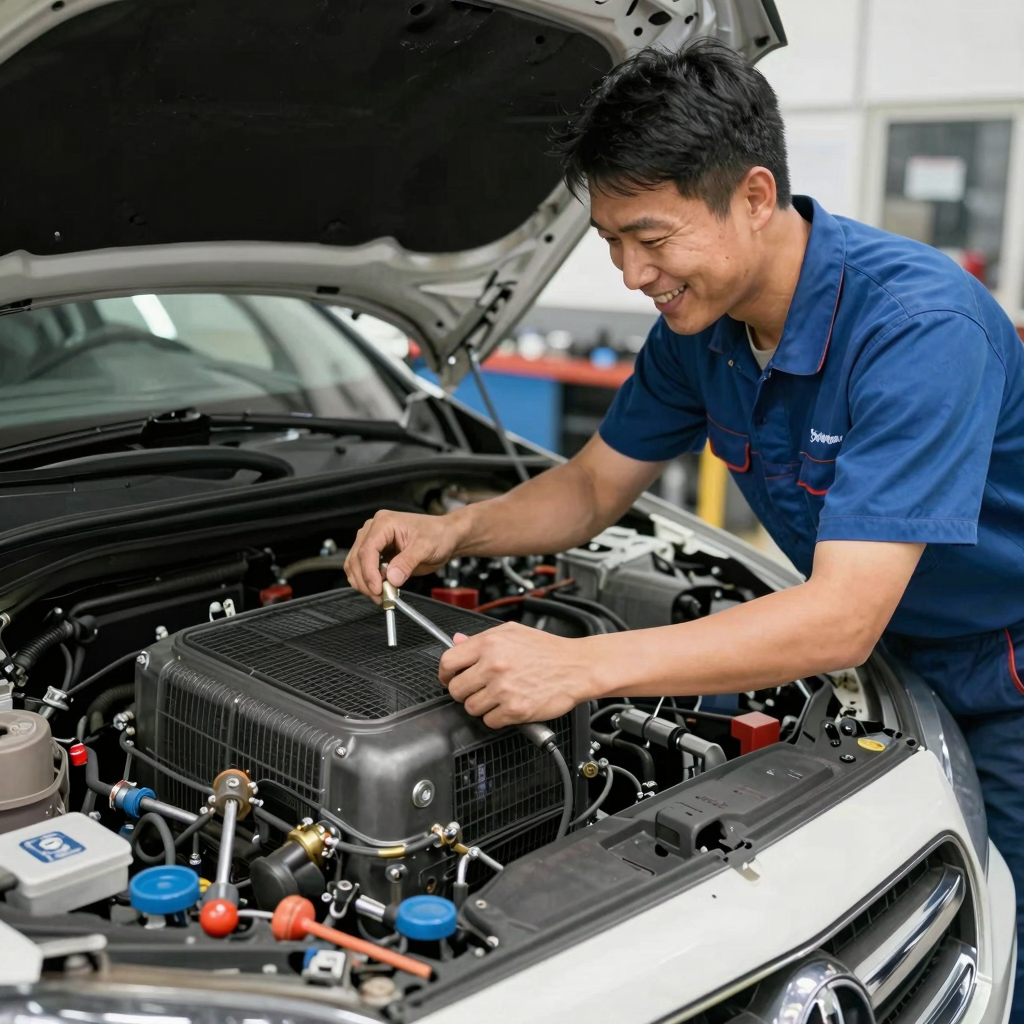Mechanic servicing a vehicle's air conditioning unit