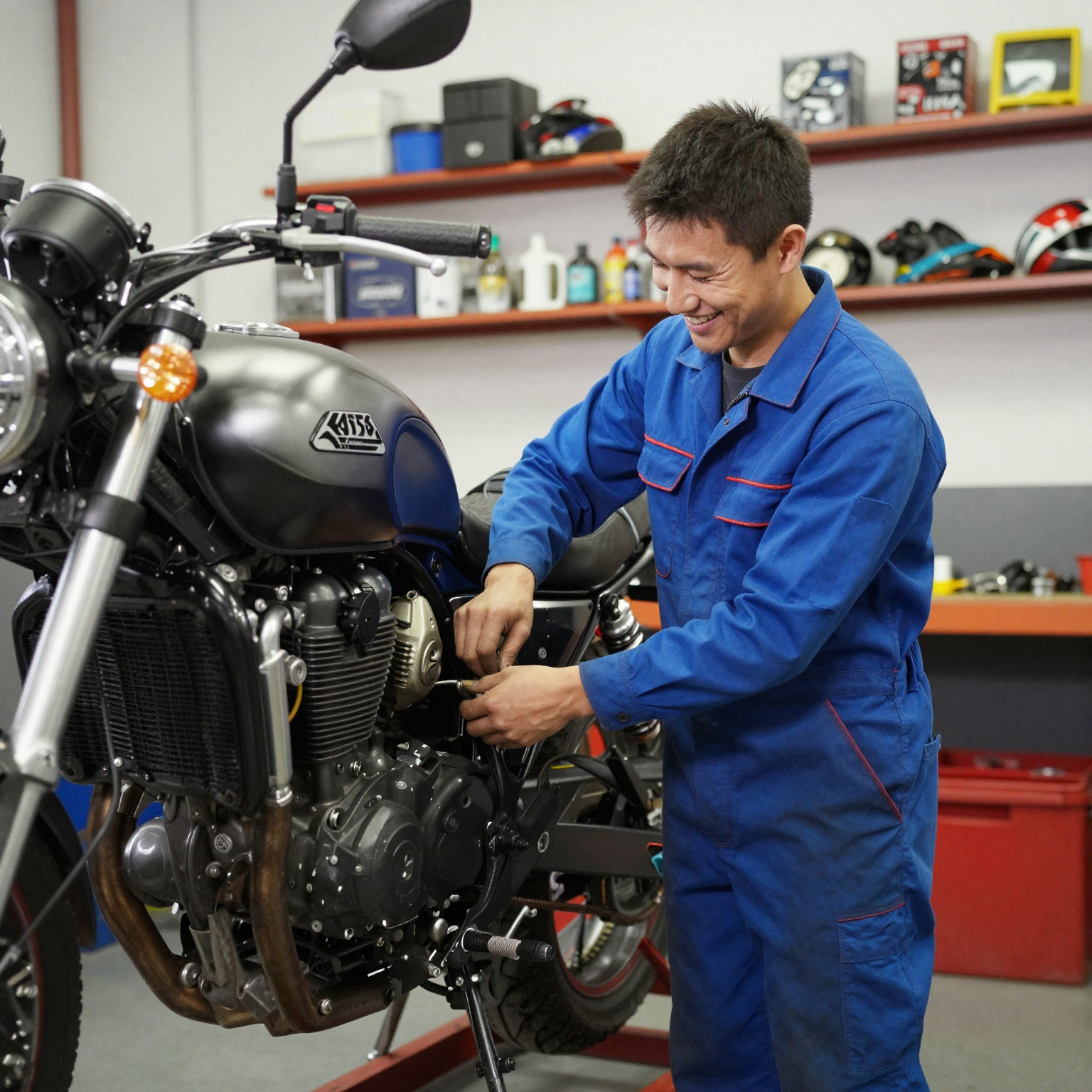 A friendly mechanic working on a motorcycle