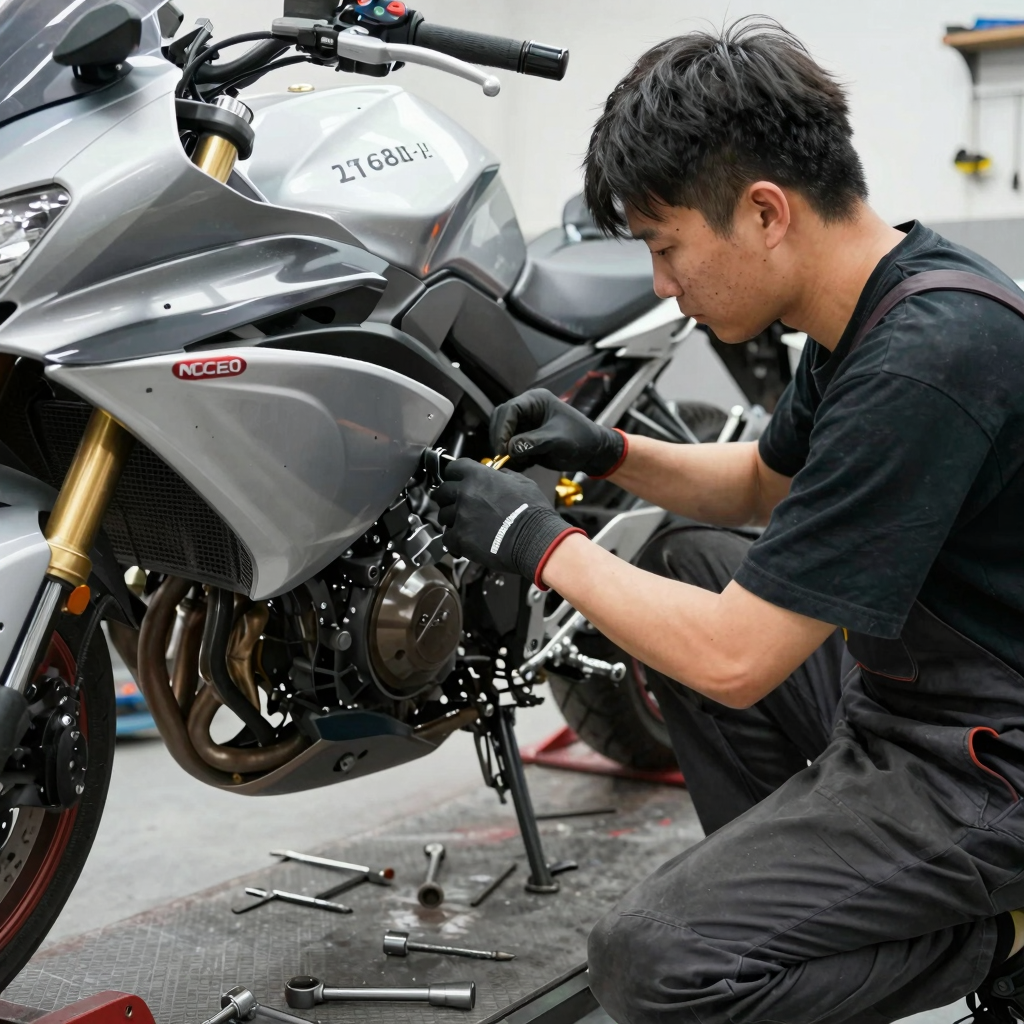 A mechanic working on a motorcycle in a professional repair workshop setting.