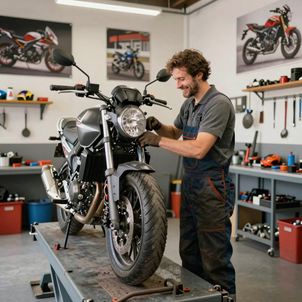Friendly mechanic working on a motorcycle