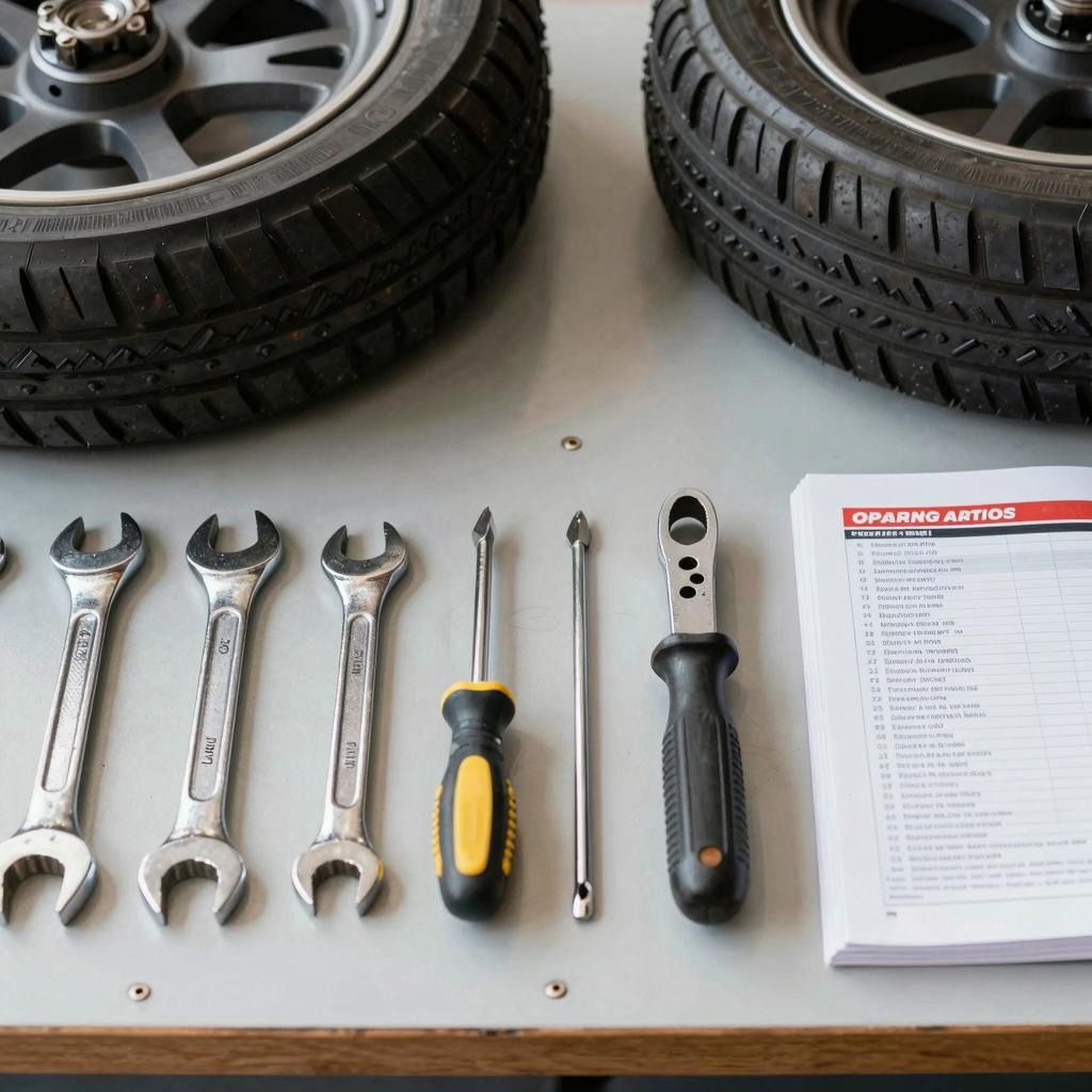 Various motorcycle repair tools on a workbench