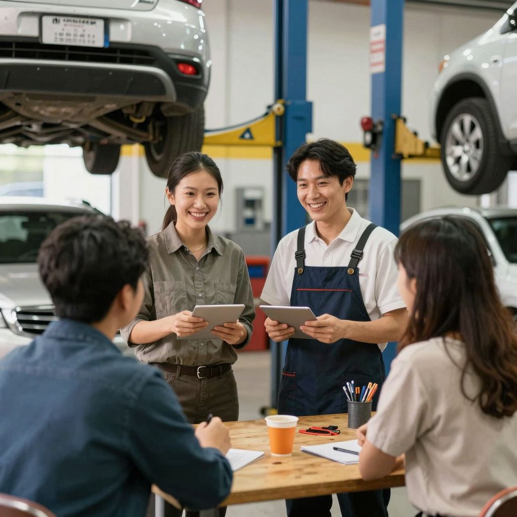 An inviting auto repair shop scene with friendly customer interactions