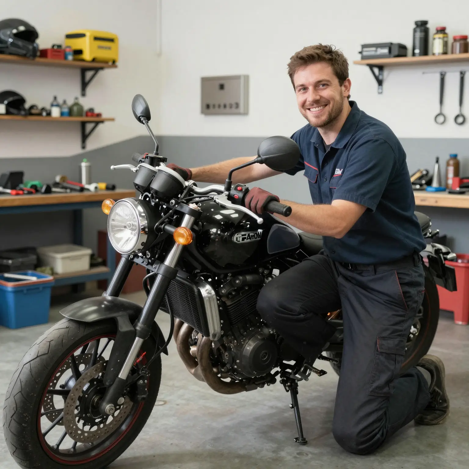 A friendly motorcycle repair shop.