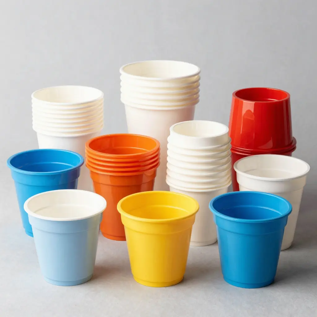 A variety of plastic disposable ice cream cups in different sizes and colors